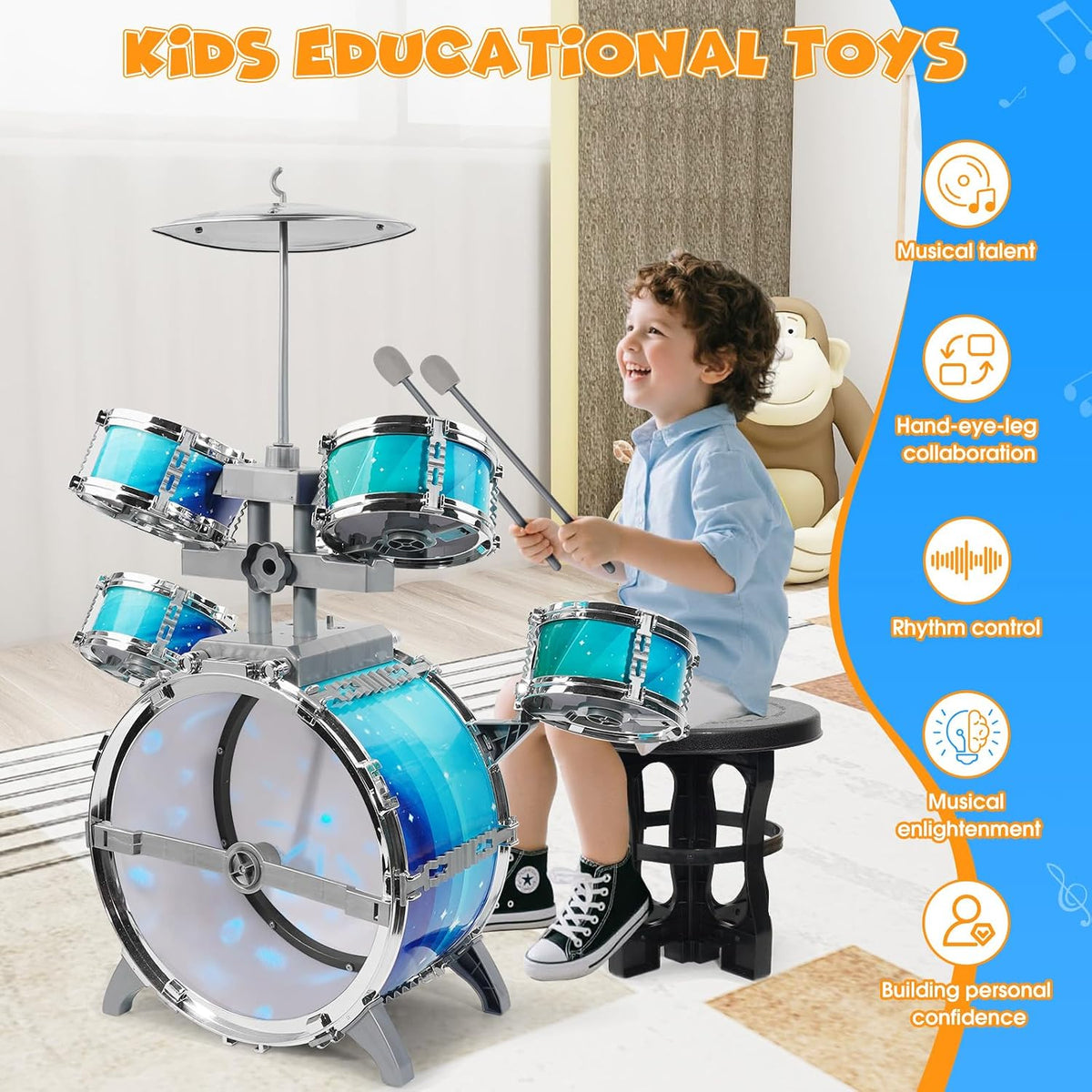 Juego de batería para niños de 3 a 5 años, batería iluminada con taburete y palos