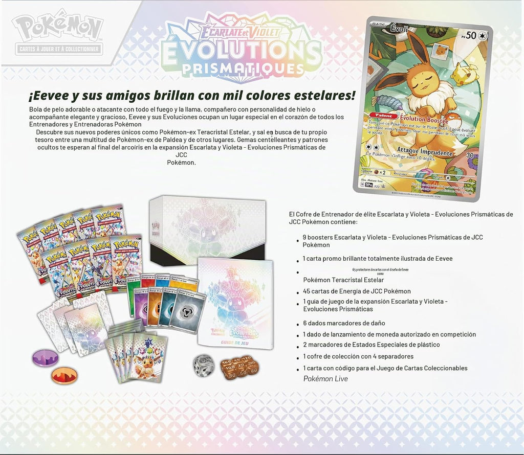 Pokémon: Scarlet & Purple Elite Trainer Set – Prismatic Evolutions of the Pokémon TCG (1 tarjeta promocional totalmente ilustrada, 9 paquetes de refuerzo y accesorios de juego premium)