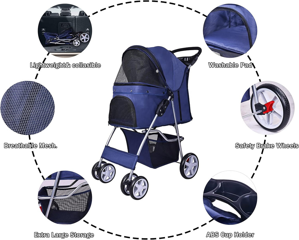 Elevon Cochecito para mascotas, cochecito multifuncional de 4 ruedas, cochecito de viaje portátil plegable con transportador desmontable, adecuado para perros medianos y pequeños, gatos, azul