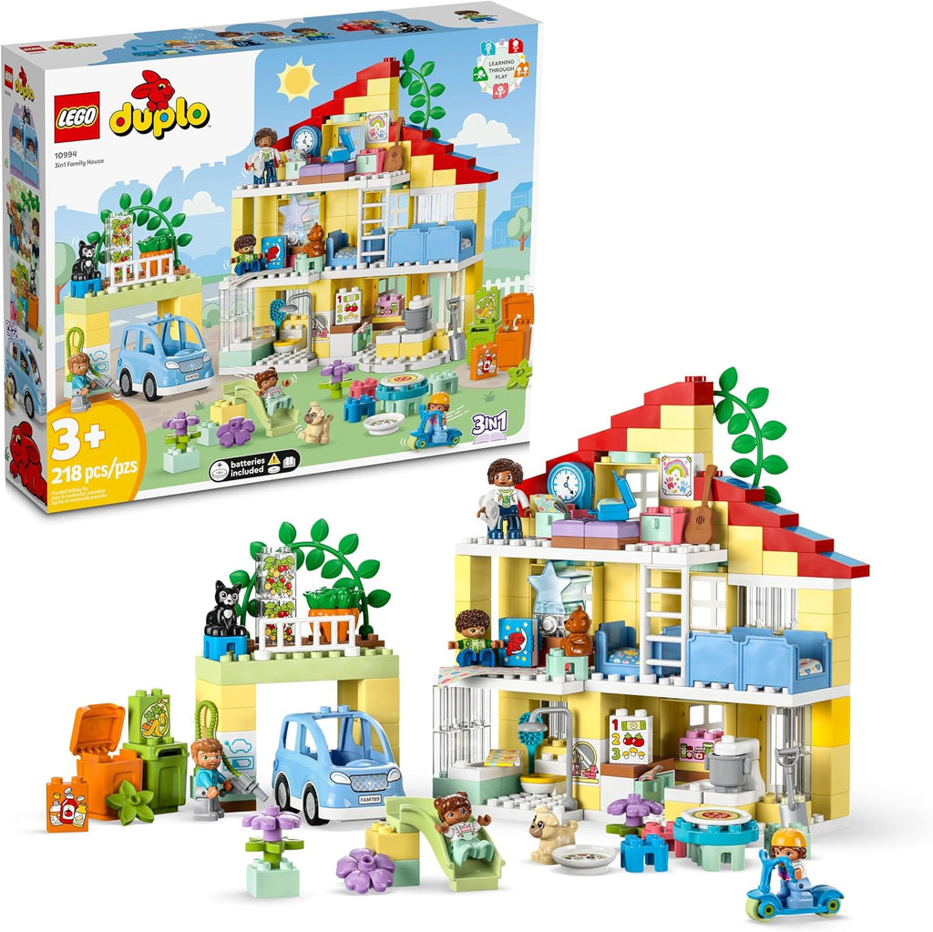 LEGO DUPLO Town 3 en 1 casa familiar 10994 Juego de construcción educativo STEM, juguete de regalo para Navidad para niños pequeños de 3 años en adelante, juguete de auto y casa de 3 pisos permite que