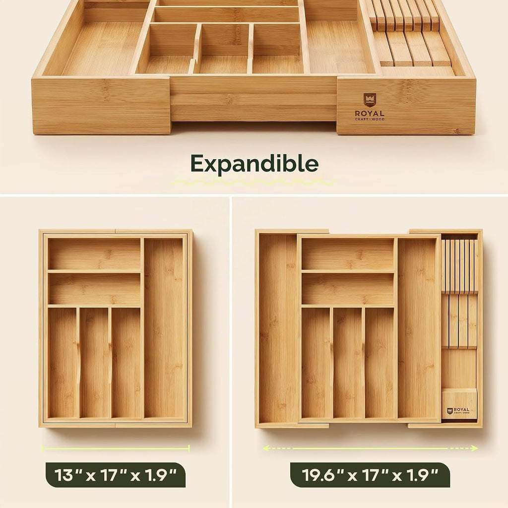 Organizador de cajones para organización de la cocina, organizador de cajones de cubiertos de bambú expandible con bloque de cuchillos extraíble, cubiertos de bambú, organizador de utensilios