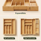 Organizador de cajones para organización de la cocina, organizador de cajones de cubiertos de bambú expandible con bloque de cuchillos extraíble, cubiertos de bambú, organizador de utensilios