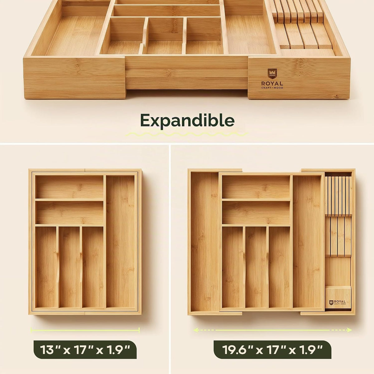 Organizador de cajones para organización de la cocina, organizador de cajones de cubiertos de bambú expandible con bloque de cuchillos extraíble, cubiertos de bambú, organizador de utensilios