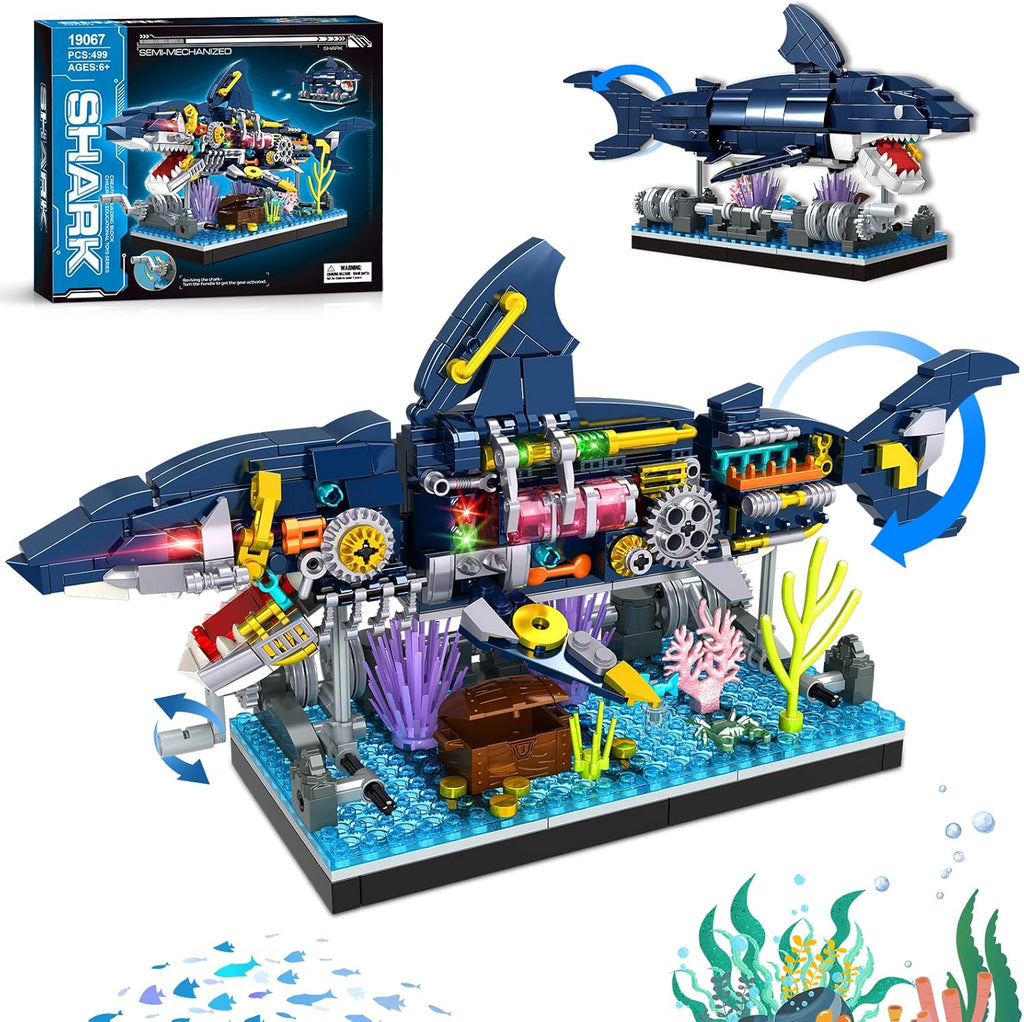 Juego de bloques de construcción de tiburón, juguetes mecánicos giratorios de tiburón, regalos de cumpleaños para niños y niñas a partir de 6 años, diseño de peces de tiburón, decoración de oficina en casa