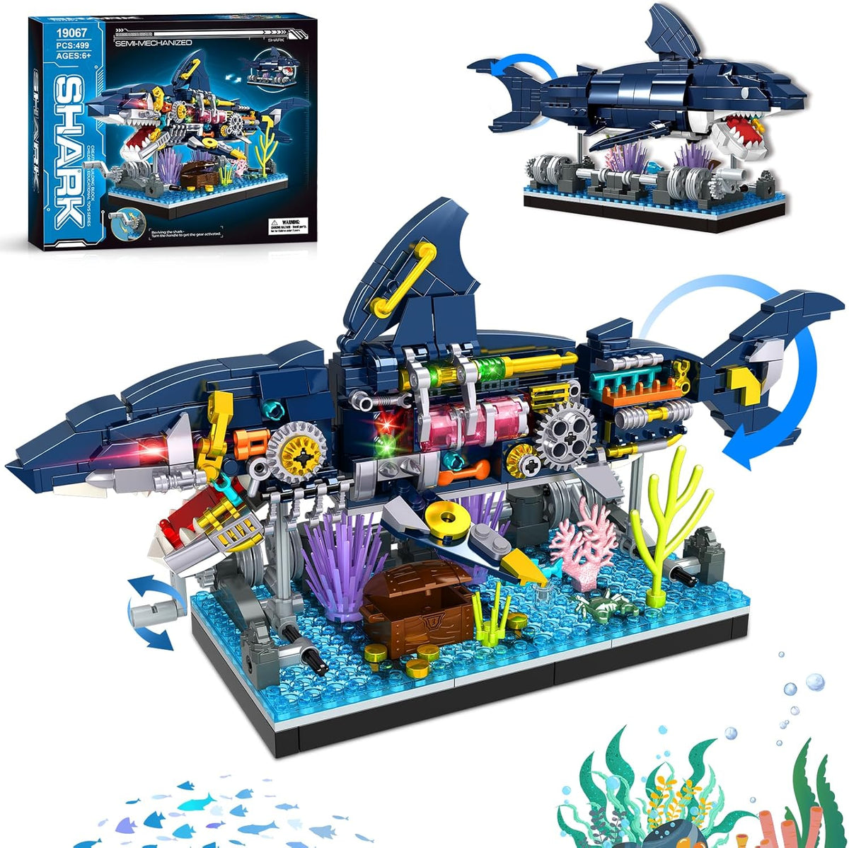 Juego de bloques de construcción de tiburón, juguetes mecánicos giratorios de tiburón, regalos de cumpleaños para niños y niñas a partir de 6 años, diseño de peces de tiburón, decoración de oficina en casa