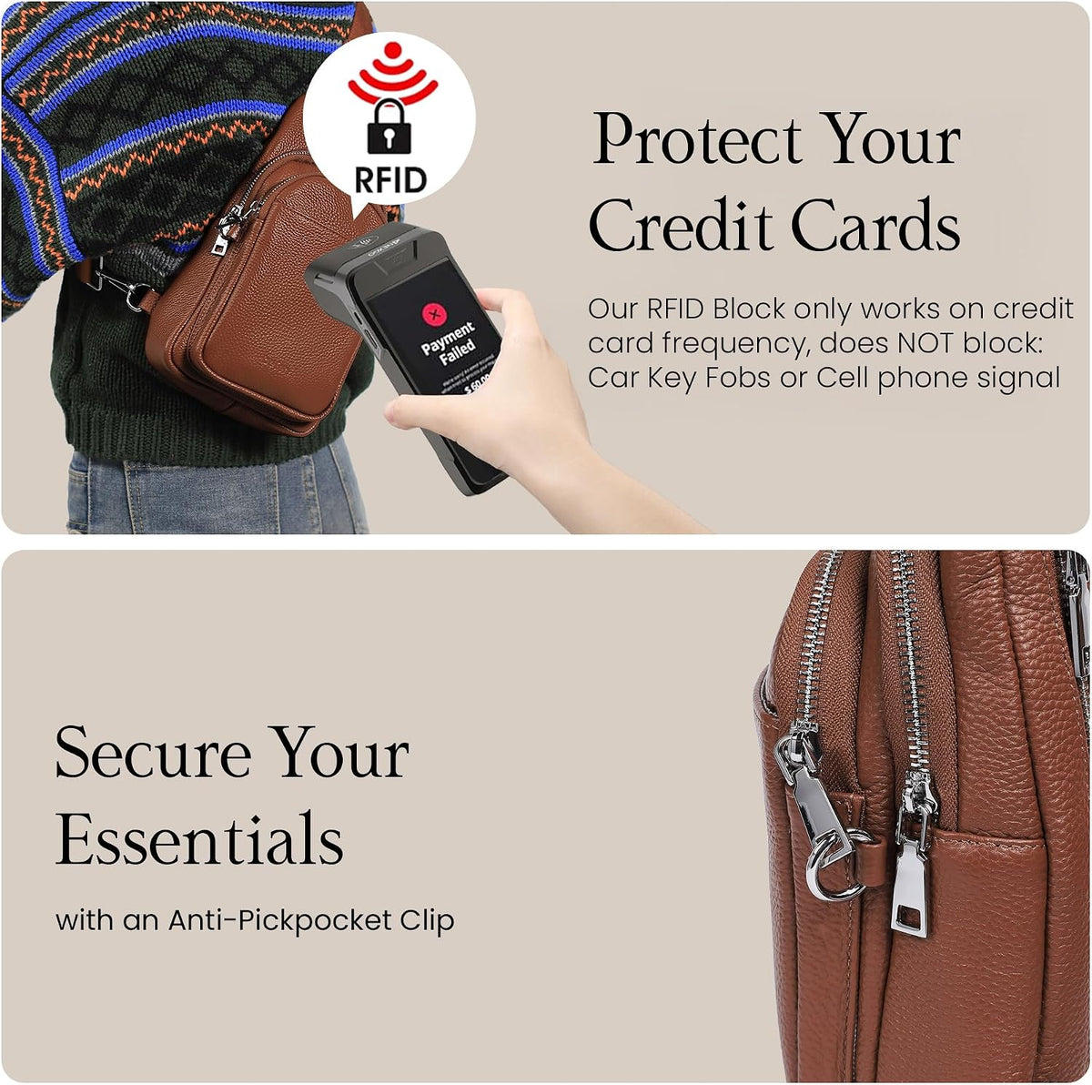 befen Bolso bandolera pequeño de cuero genuino para mujer, antirrobo, bolsa cruzada para el pecho, riñoneras para viajes con ranuras para tarjetas RFID