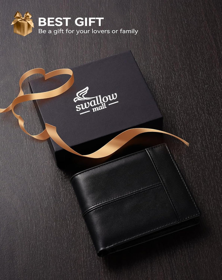 Swallowmall Cartera de cuero para hombre, carteras plegables de cue...