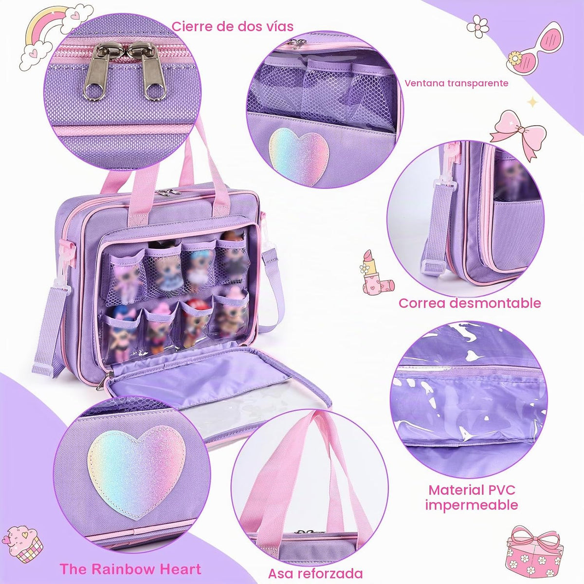 Bolsa de transporte para muñecas compatible con muñecas LOL Surprise, bolsa de transporte compatible con muñecas Barbie de 6 a 12 pulgadas, organizador todo en uno para muñecas y