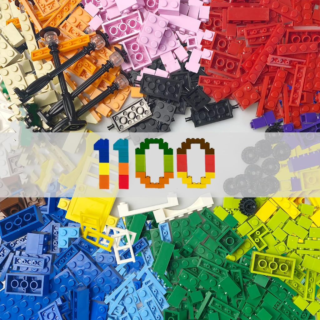 1100 piezas de bloques de construcción, compatibles con todas las principales marcas, bloques a granel clásicos, incluye ruedas, puerta, ventana, luces de calle