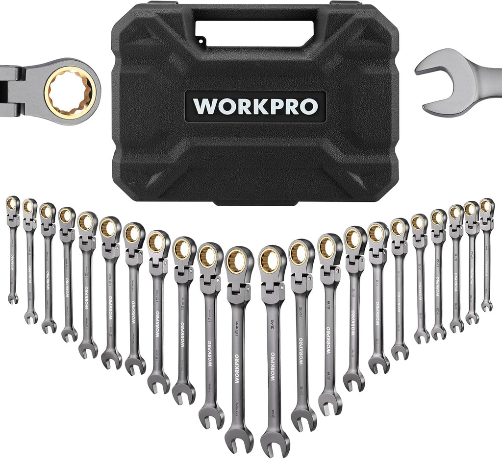 WORKPRO - Juego de 22 llaves de trinquete de cabeza flexible, juegos de llaves combinadas de trinquete con caja organizadora, niquelado, 72 dientes, métrica 6-18mm y SAE 1/4-3/4"