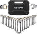 WORKPRO - Juego de 22 llaves de trinquete de cabeza flexible, juegos de llaves combinadas de trinquete con caja organizadora, niquelado, 72 dientes, métrica 6-18mm y SAE 1/4-3/4"