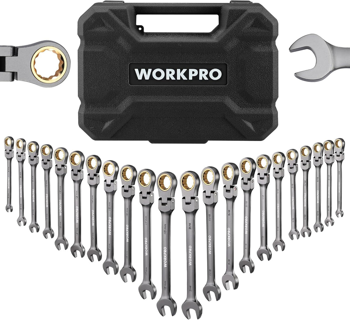WORKPRO - Juego de 22 llaves de trinquete de cabeza flexible, juegos de llaves combinadas de trinquete con caja organizadora, niquelado, 72 dientes, métrica 6-18mm y SAE 1/4-3/4"