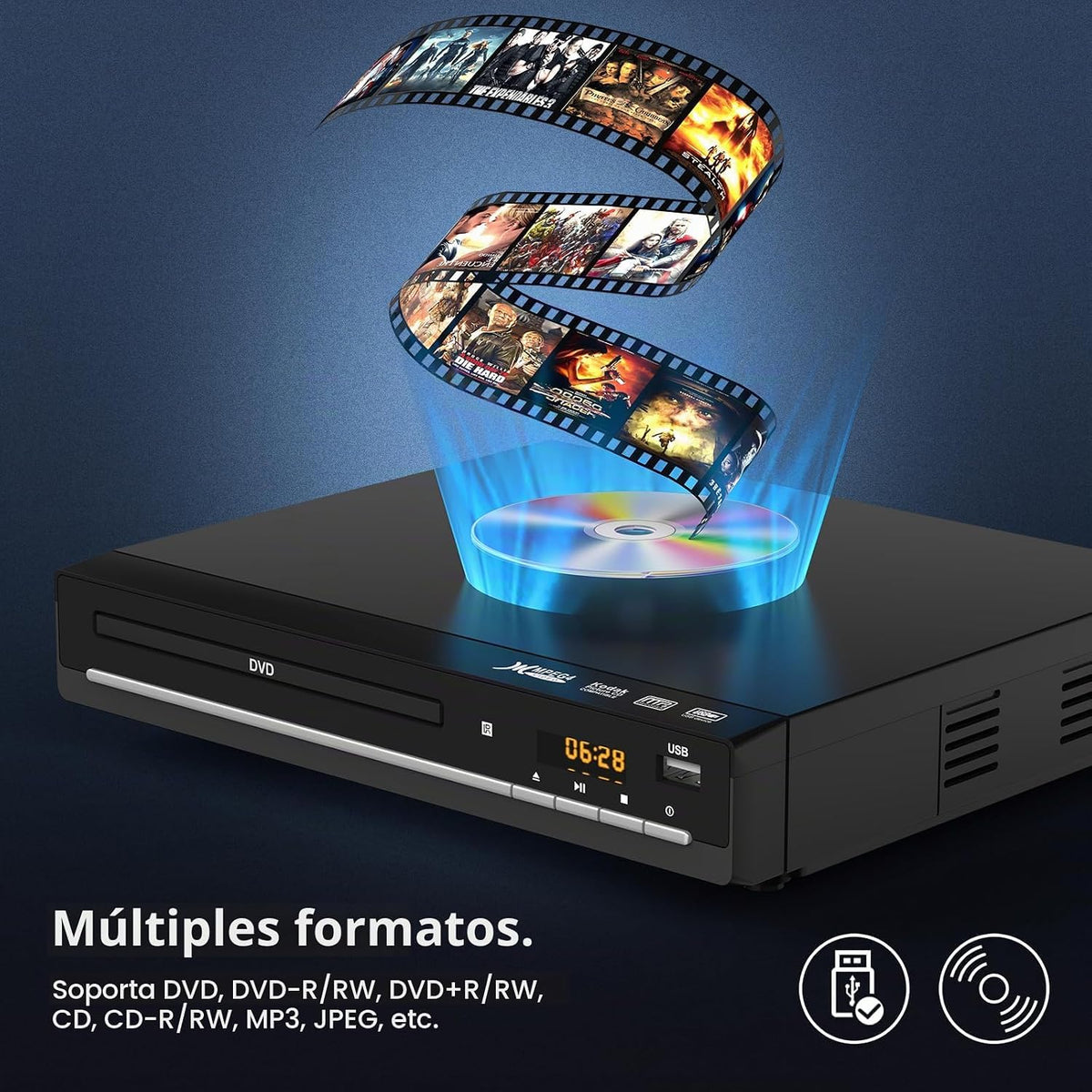 Reproductores de DVD para TV con HDMI, Reproduce Todas las Regiones y Formatos, Reproductor de CD para el Hogar, Soporta Vídeo 1080P/CD/DVD/VCD/JPEG/USB, Control Remoto, Cables HDMI y RCA Incluidos