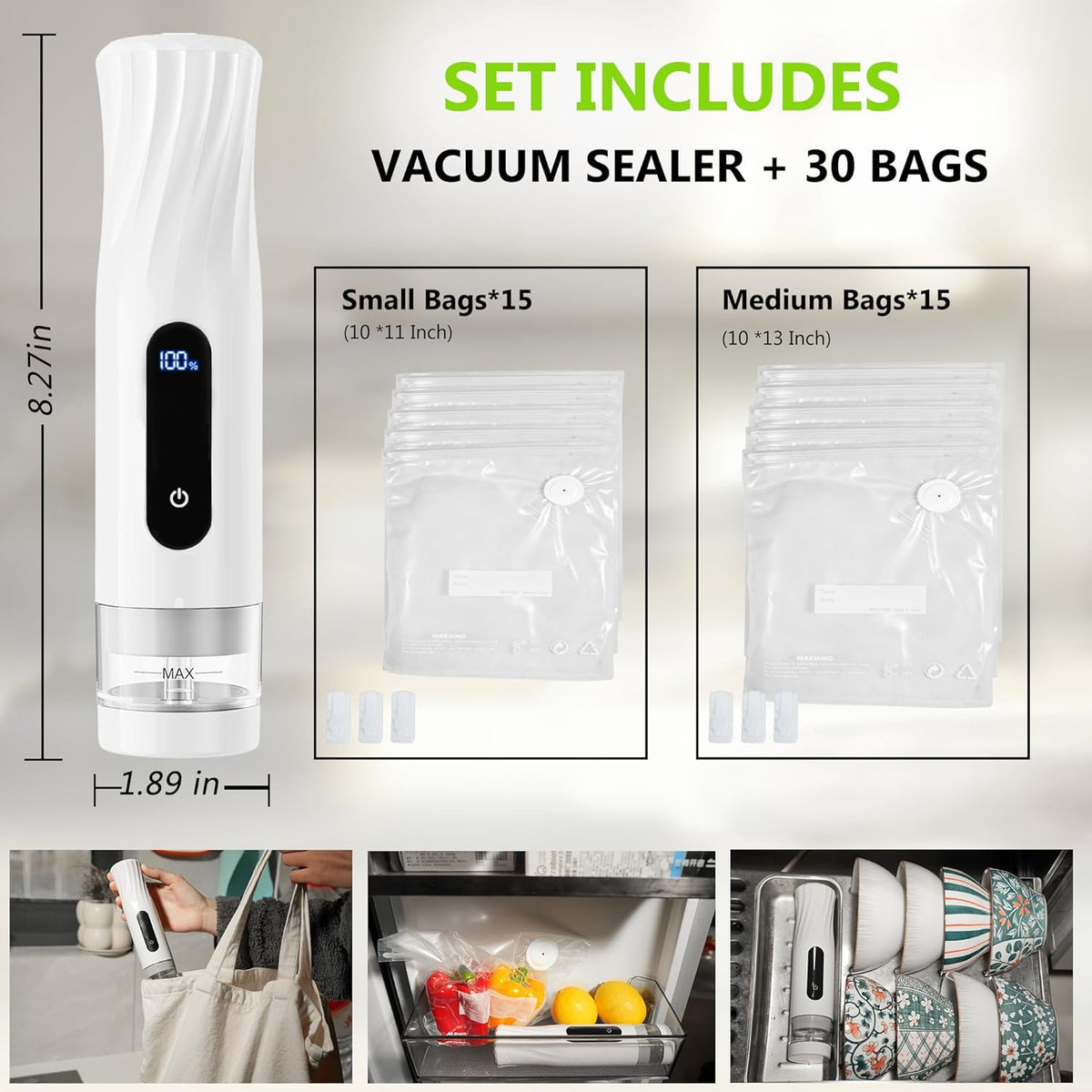 Sellador al vacío compacto para almacenamiento de alimentos: sellador portátil de alimentos de mano, succión de 80 kPa, batería de 1800 mAh, 30 bolsas de vacío reutilizables, conserva la frescura 5 veces con fácil operación