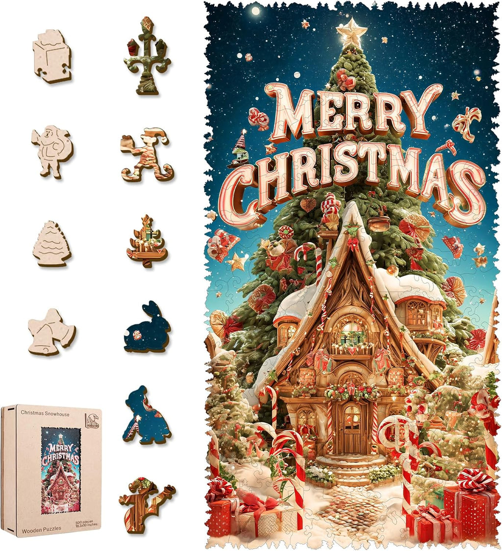 Rompecabezas de árbol de Navidad y casa de nieve de madera para adultos de 500 piezas, rompecabezas de forma única de invierno de 5MM para nietos, decoración de vacaciones, regalos, juego