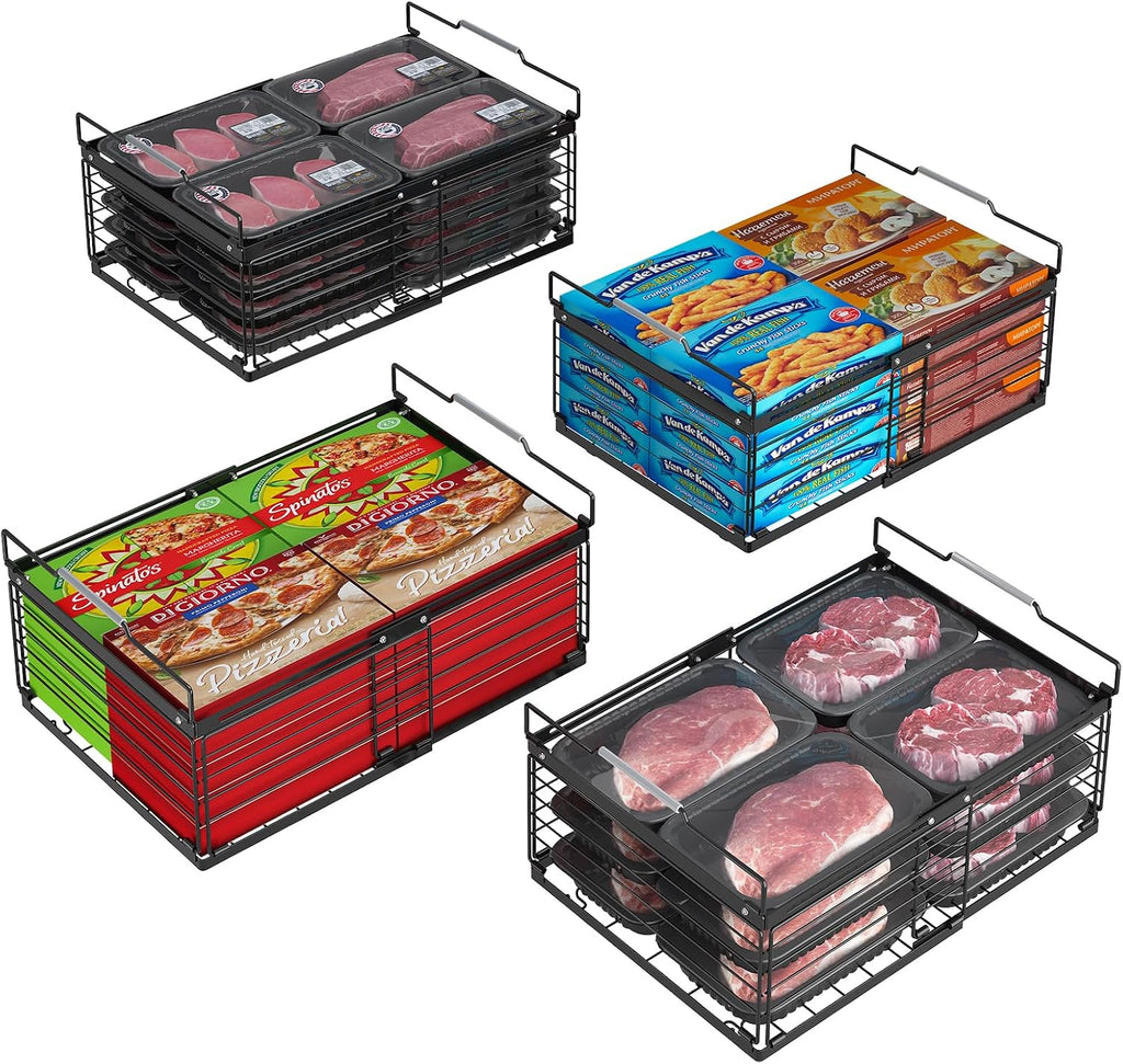 ADRIMER Contenedores organizadores para congelador, 4 paquetes plegables y apilables con longitud ajustable de 11 a 17.3 pulgadas, cestas de almacenamiento de alambre de metal para congelador vertical