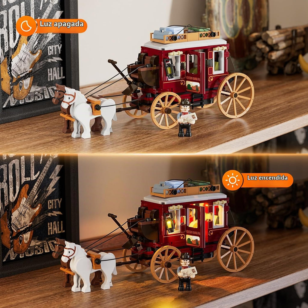 Lámpara Lumibricks Western Stagecoach Lighting - Juego de ladrillos de construcción – Carruaje y caballo del viejo oeste 293 piezas colección juego de exhibición para amantes del oeste