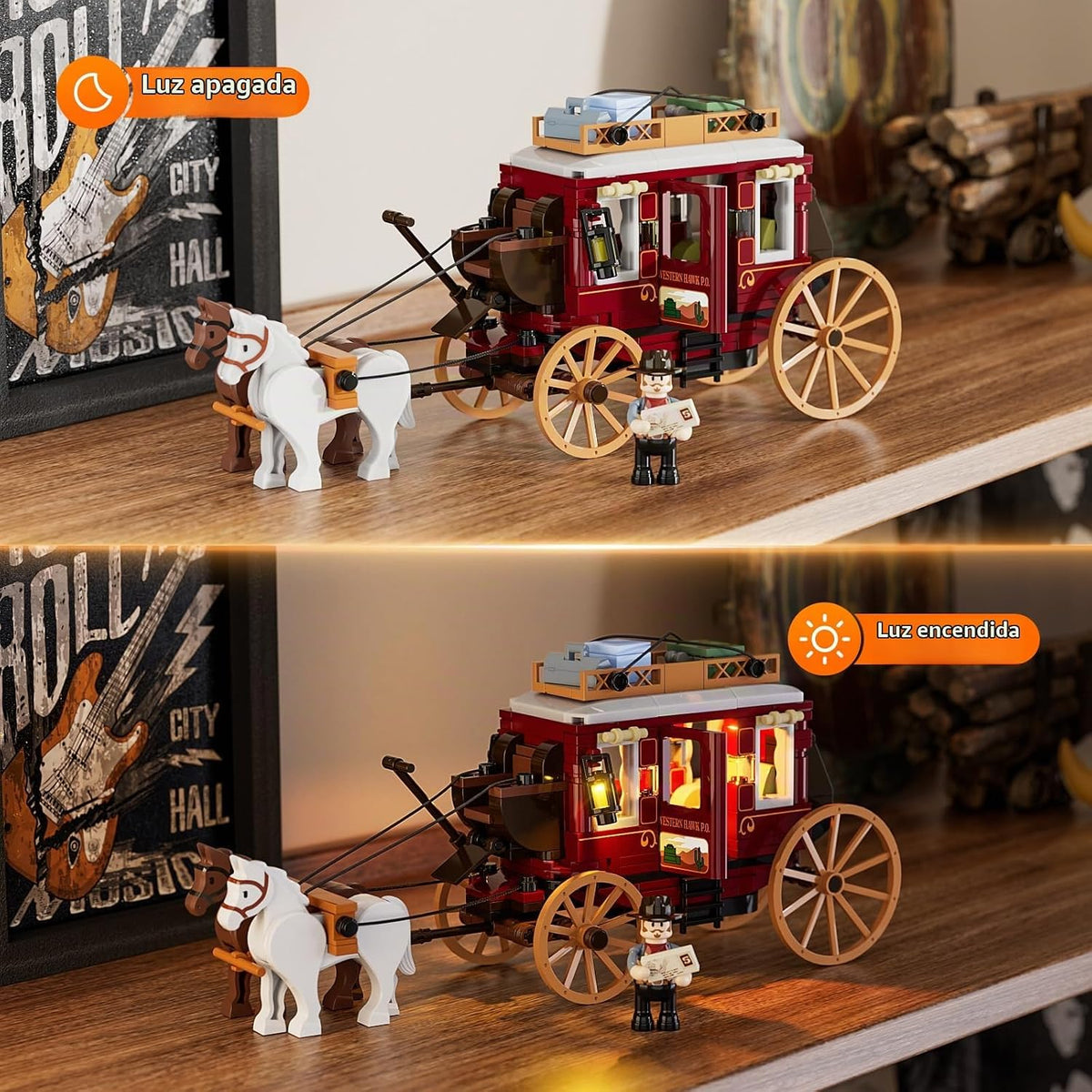 Lámpara Lumibricks Western Stagecoach Lighting - Juego de ladrillos de construcción – Carruaje y caballo del viejo oeste 293 piezas colección juego de exhibición para amantes del oeste