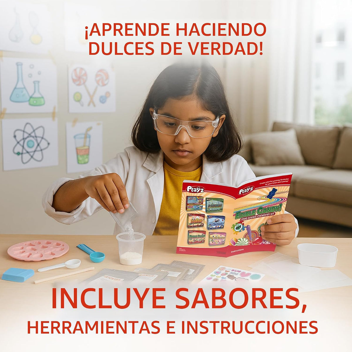 Playz Kit de fabricación de dulces comestibles para niños – Kits de ciencia para niños de 8 a 12 años – Kit de química de ciencia de los alimentos con más de 40 experimentos y más de 21 herramientas para hacer tus propios chocolates y dulces para niños y