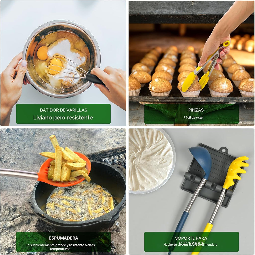 HOTEC Utensilios de cocina de silicona resistentes al calor de 446 °F, juego de utensilios de cocina, juego de espátula, sin BPA, utensilios de cocina, soporte para utensilios, apto para lavavajillas
