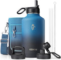 Coolflask Botella de agua de medio galón aislada con popote y 3 tapas a