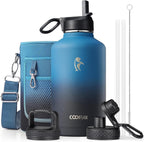 Coolflask Botella de agua de medio galón aislada con popote y 3 tapas a