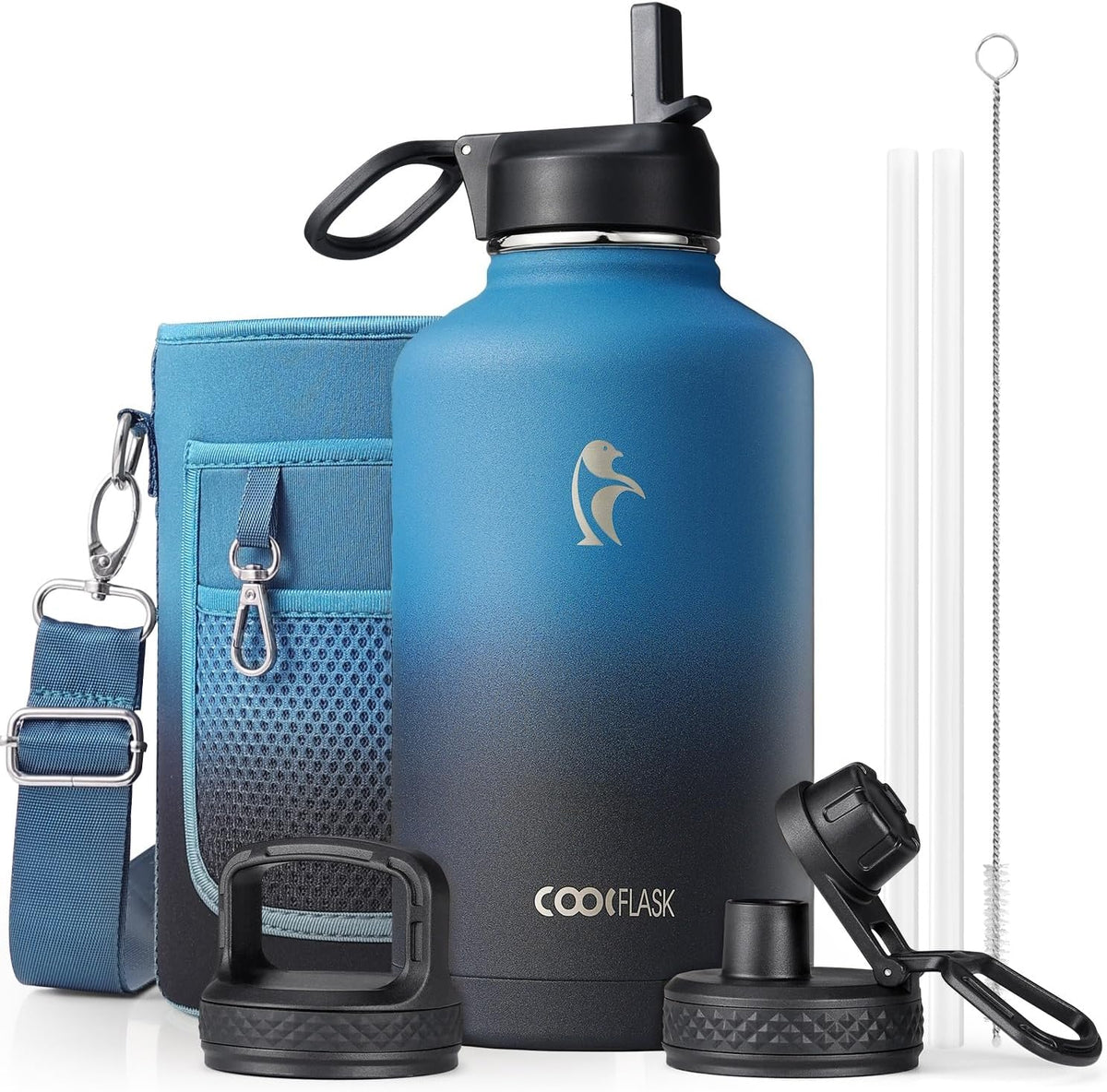 Coolflask Botella de agua de medio galón aislada con popote y 3 tapas a
