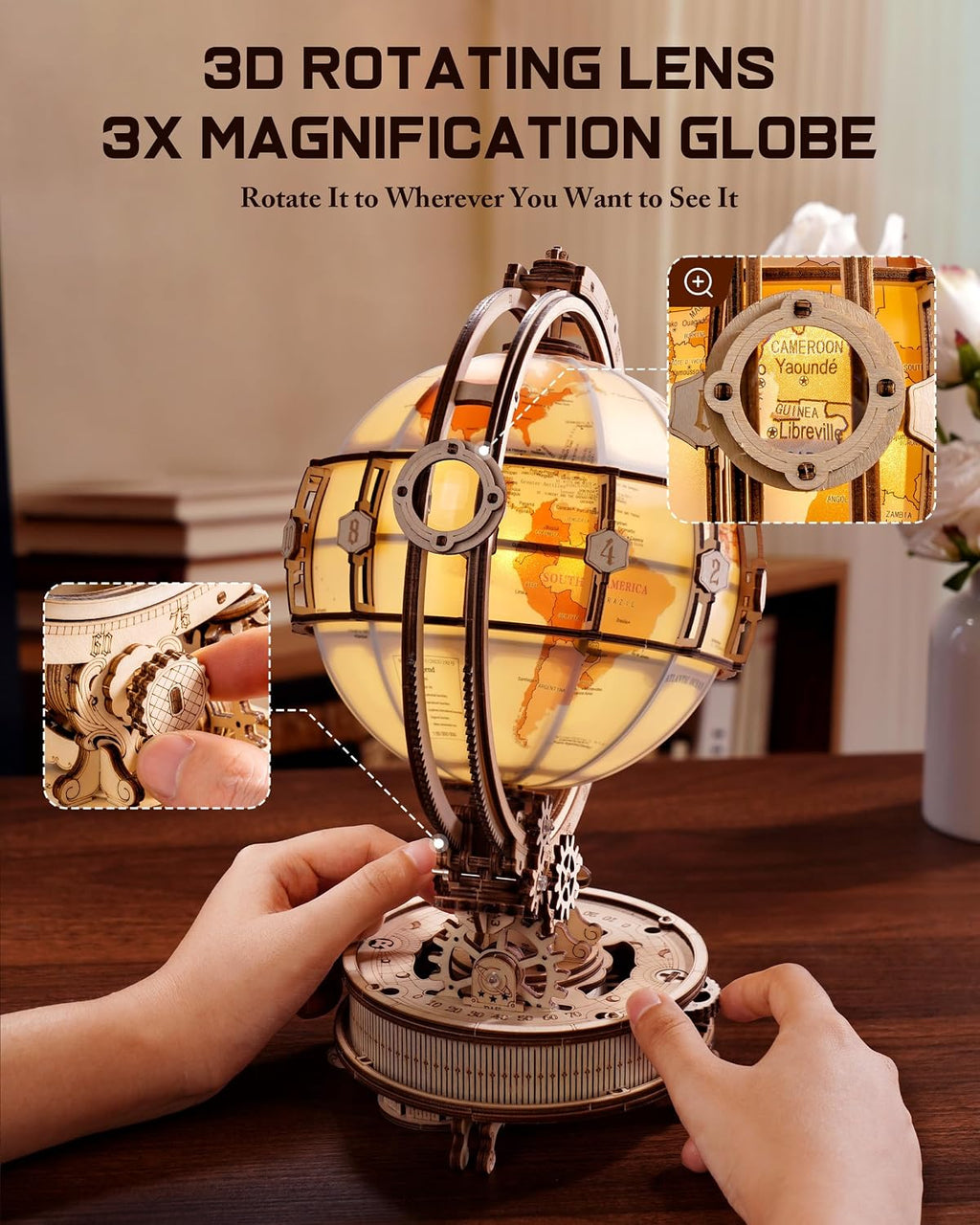 ROBOTIME ST003 - Rompecabezas de madera 3D para adultos, globo luminoso con rotación automática, kit de construcción de rompecabezas 3D de madera con luz LED, luz nocturna modelo globo para adultos