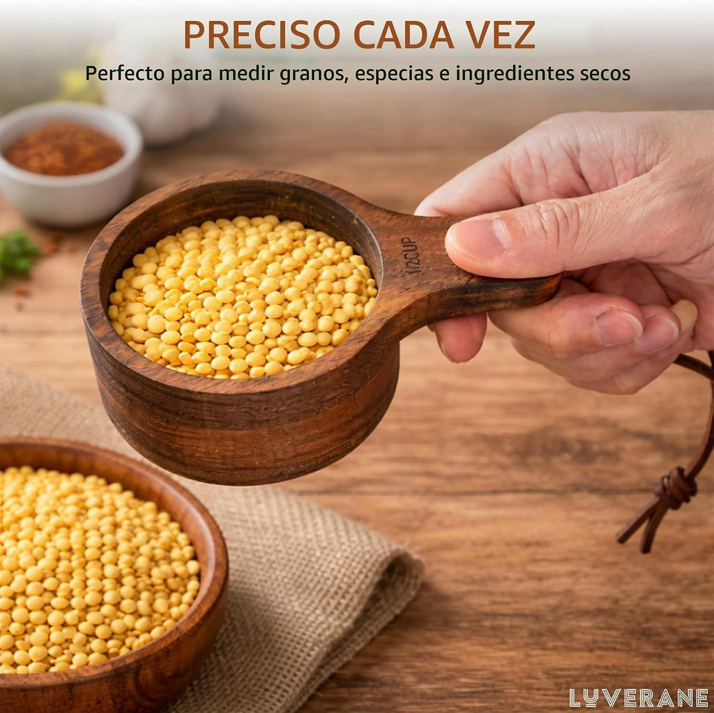Juego de 8 tazas y cucharas medidoras de madera, madera de acacia maciza con medidas grabadas, utensilios de cocina apilables para cocinar con precisión, hornear y preparar alimentos, ideal para