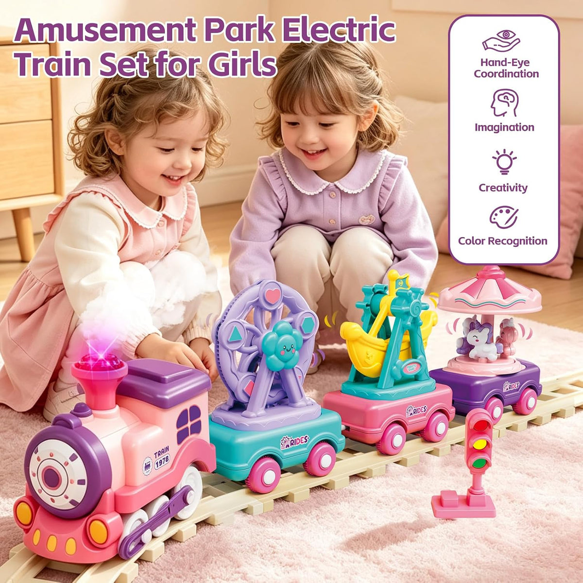 Juego de tren eléctrico para niñas con vapor, música y luces