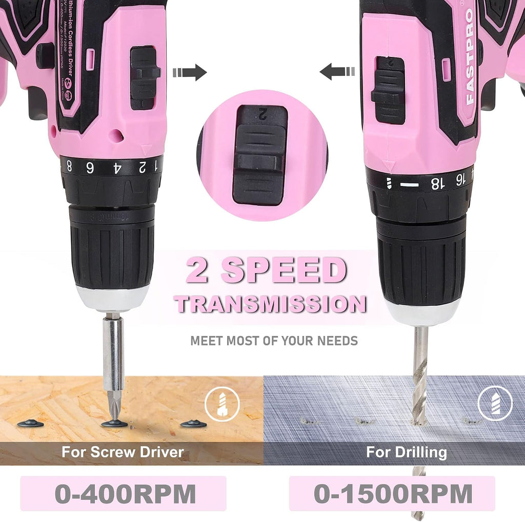 FASTPRO Juego de taladro rosa de 20 V para mujeres, kit de herramientas