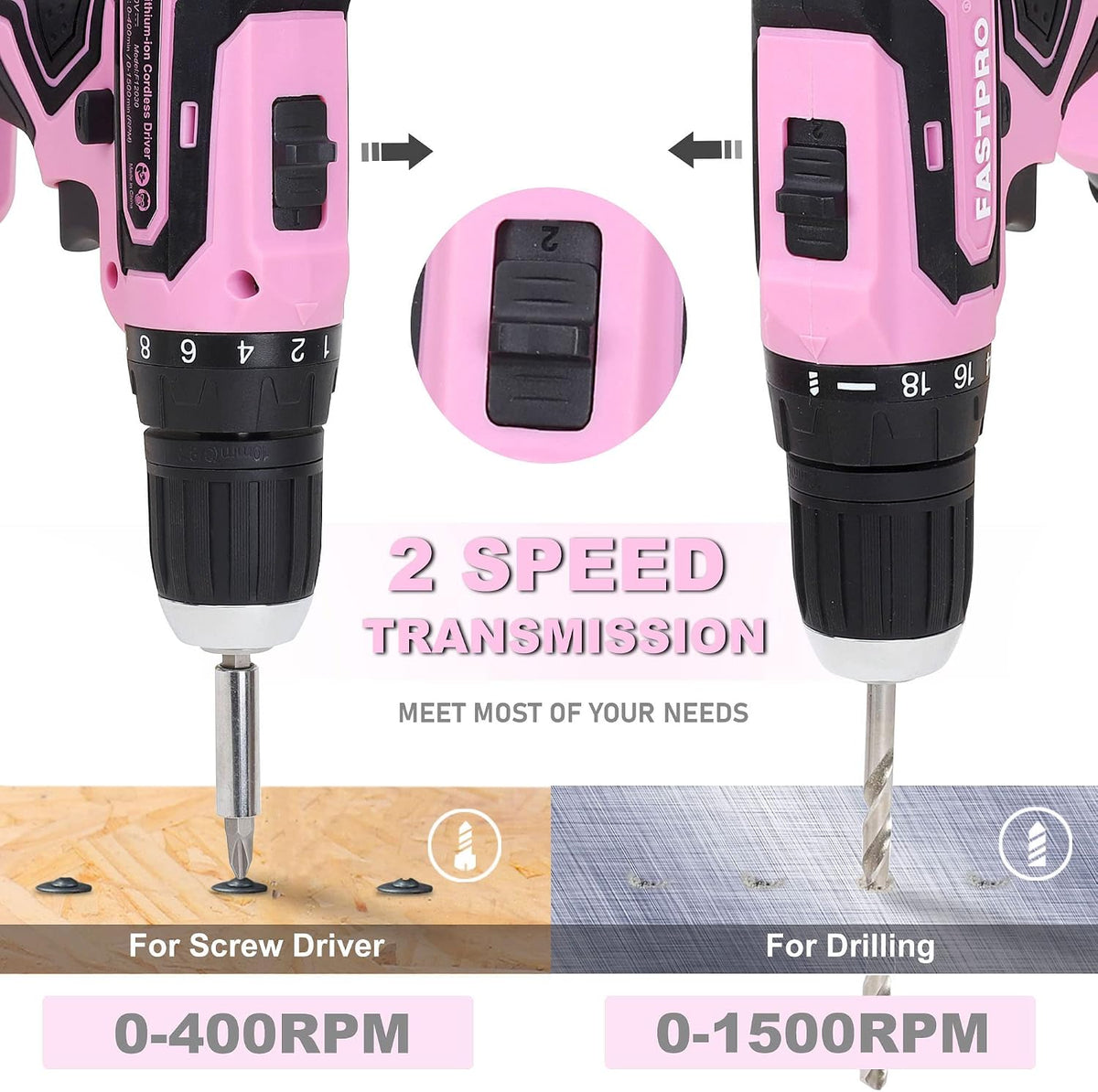 FASTPRO Juego de taladro rosa de 20 V para mujeres, kit de herramientas