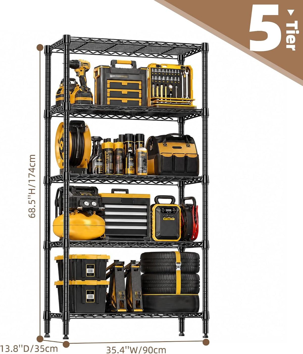 M MZG Estantería de garaje resistente con 5 estantes, estante de almacenamiento ajustable para cocina, lavandería, baño, despensa, capacidad de 1250 libras, color negro, 13.8 x 35.5 x 68.6 pulgadas