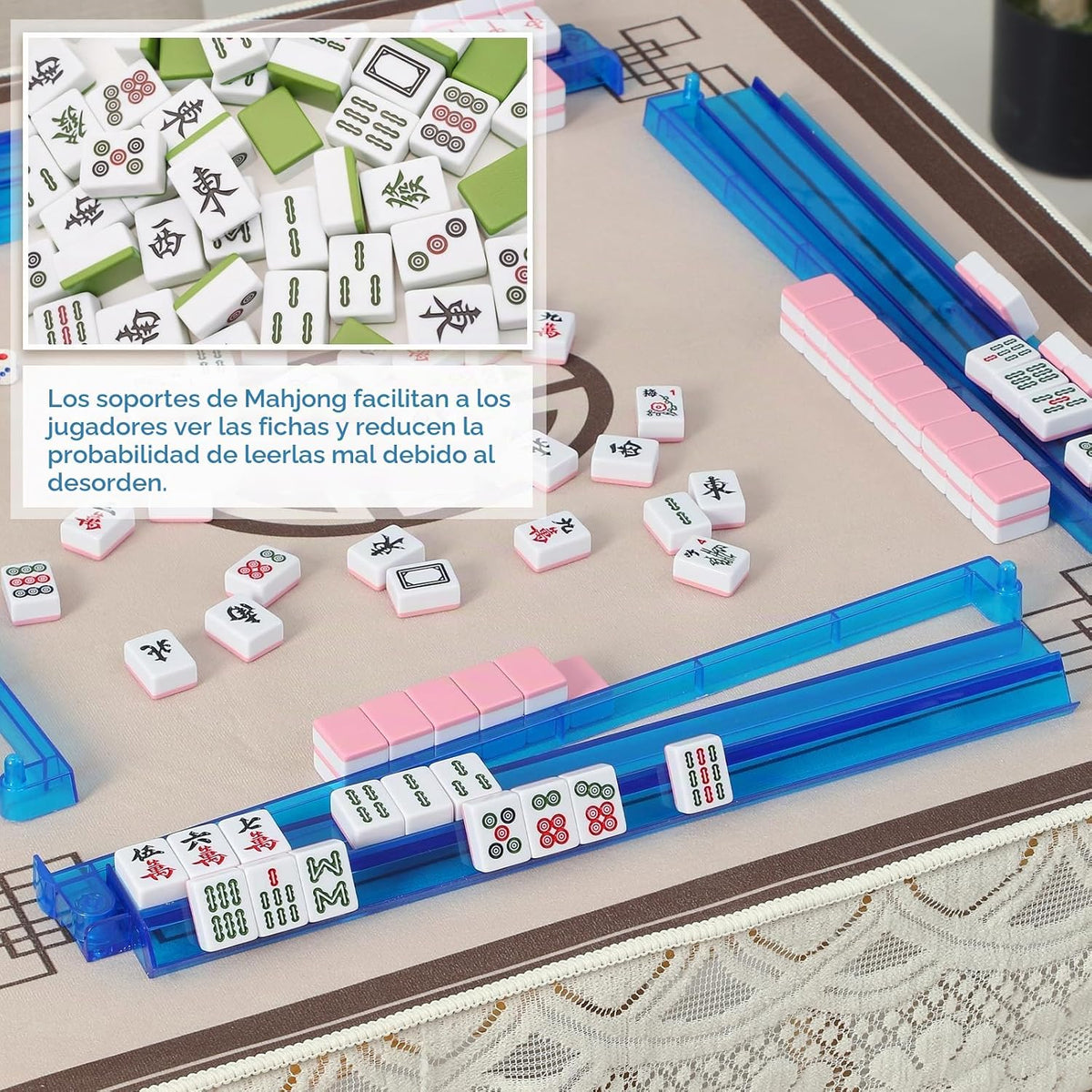Soportes Premium Transparentes para Mahjong con Empujadores, Paquete de 4 Soportes Antideslizantes de Acrílico