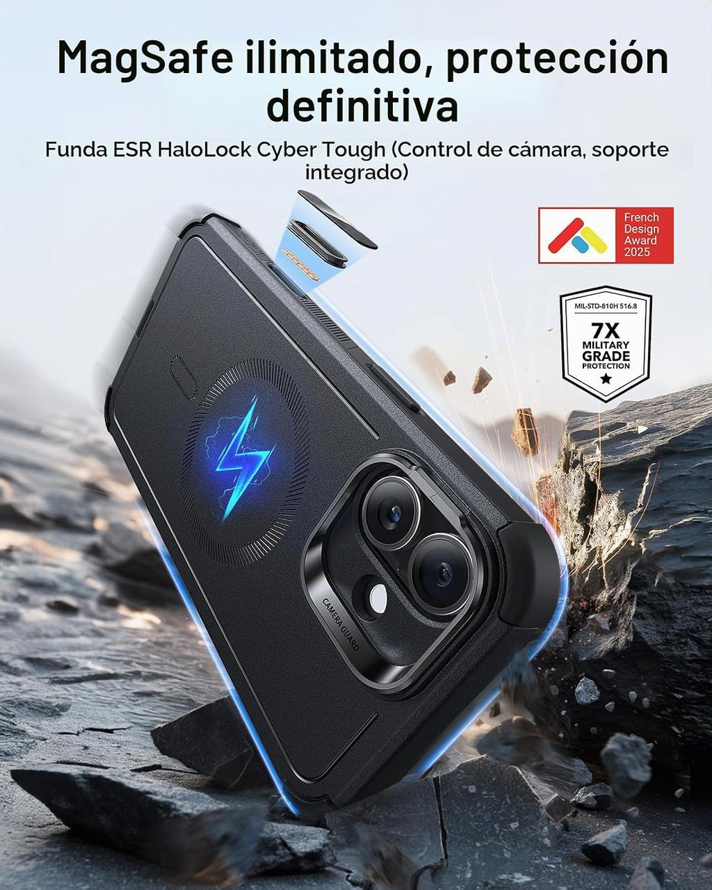 ESR Cyber Tough para iPhone 16 Case con Flex Stand, negro
