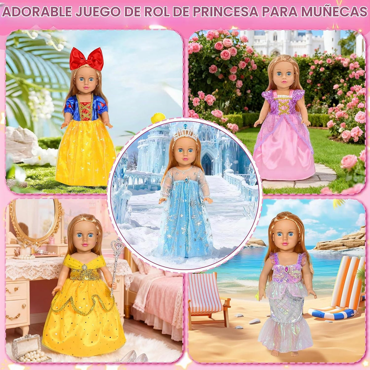 Set de 9 piezas de ropa para muñecas American Doll de 18 pulgadas, conjuntos de ropa para muñecas que incluyen 7 vestidos diferentes de princesas, diadema, lazo para el cabello, regalo de Navidad y cumpleaños para niñas