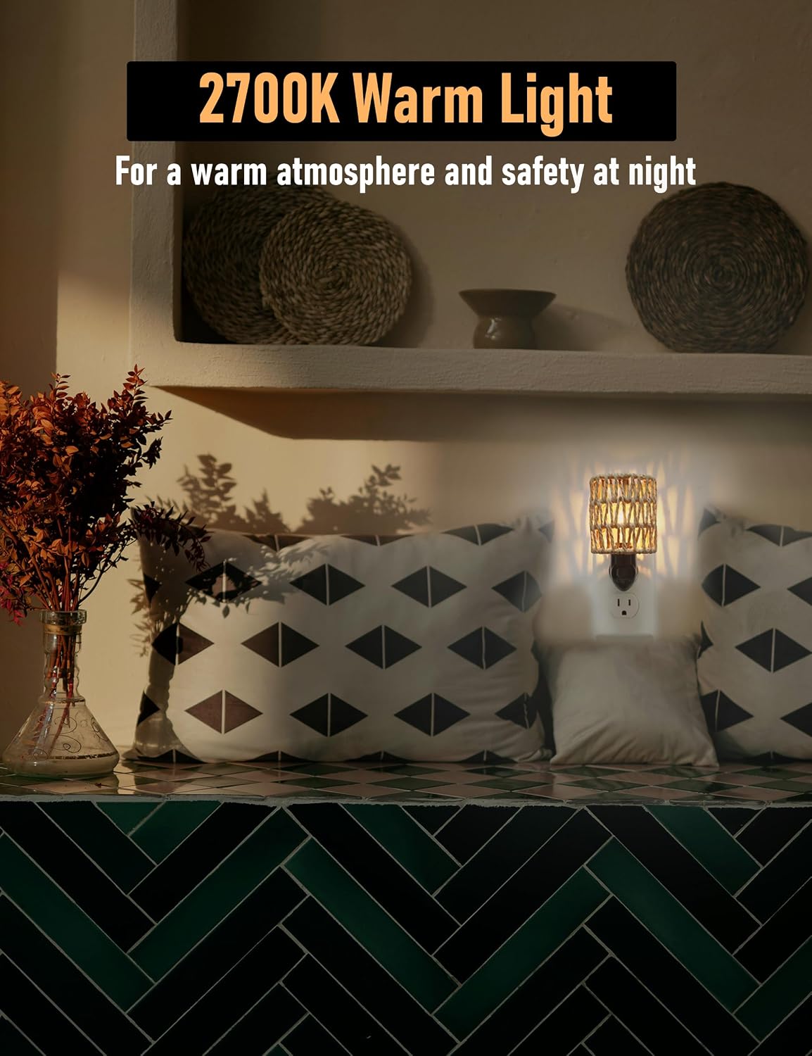 Lámpara Boho enchufe nocturno con interruptor, juego de 2 lámparas LED de granja enchufables en el enchufe de pared, luz nocturna de 0.5W para habitación de bebé con pantalla de ratán bohemia para