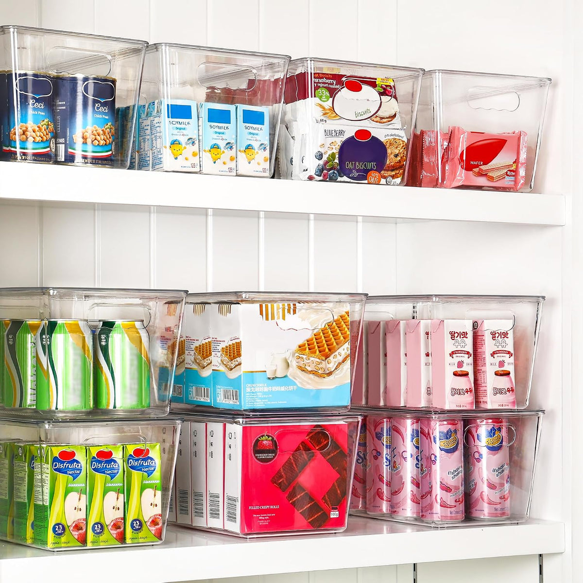 Vtopmart - 6 unidades de contenedores de almacenamiento apilables transparentes con tapas, contenedores de plástico grandes con asa para organizador de despensa y almacenamiento, perfectos para baño