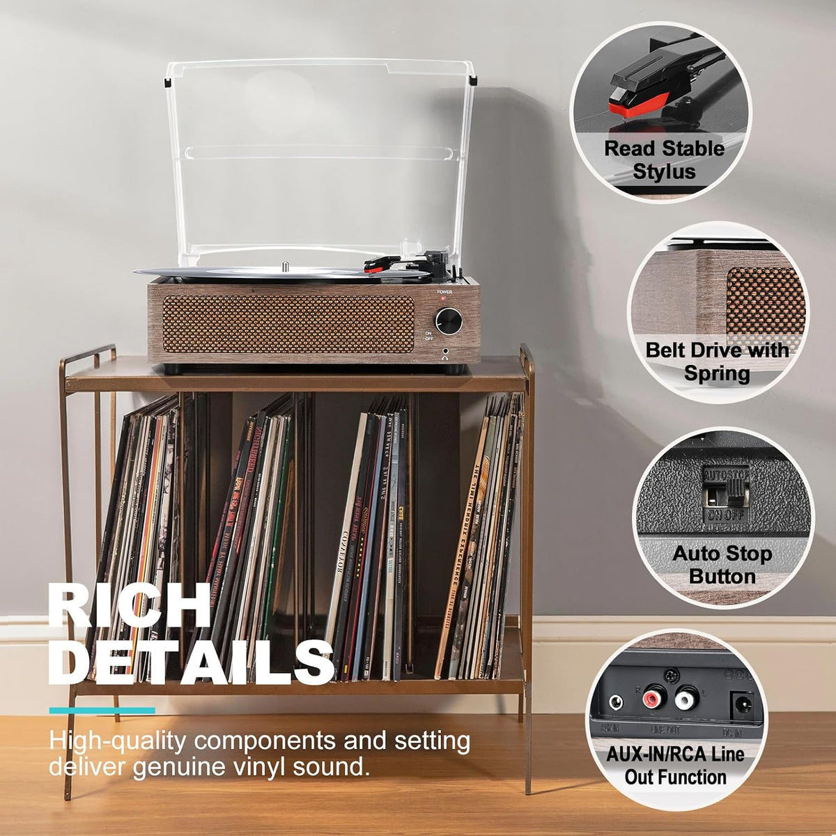 Tocadiscos vintage con altavoces, tocadiscos para discos de vinilo, tocadiscos de transmisión por correa, 3 velocidades, 3 tamaños, reproducción inalámbrica, auriculares, entrada AUX, línea RCA