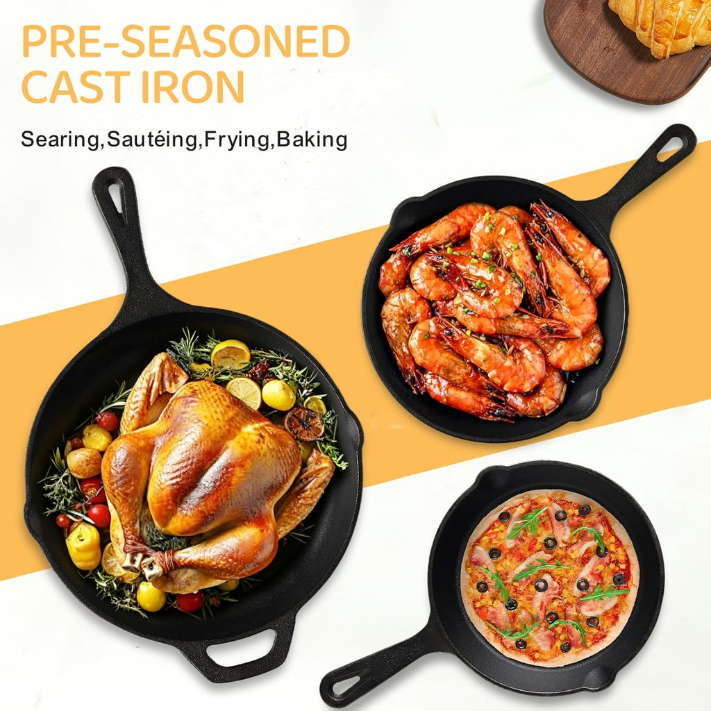 EWFEN Juego de 3 sartenes de hierro fundido, utensilios de cocina presazonados de calidad de chef profesional de alta resistencia, sartenes de 6, 8 y 10 pulgadas para freír, saltear y cocinar, usar en interiores y exteriores, horno, parrilla