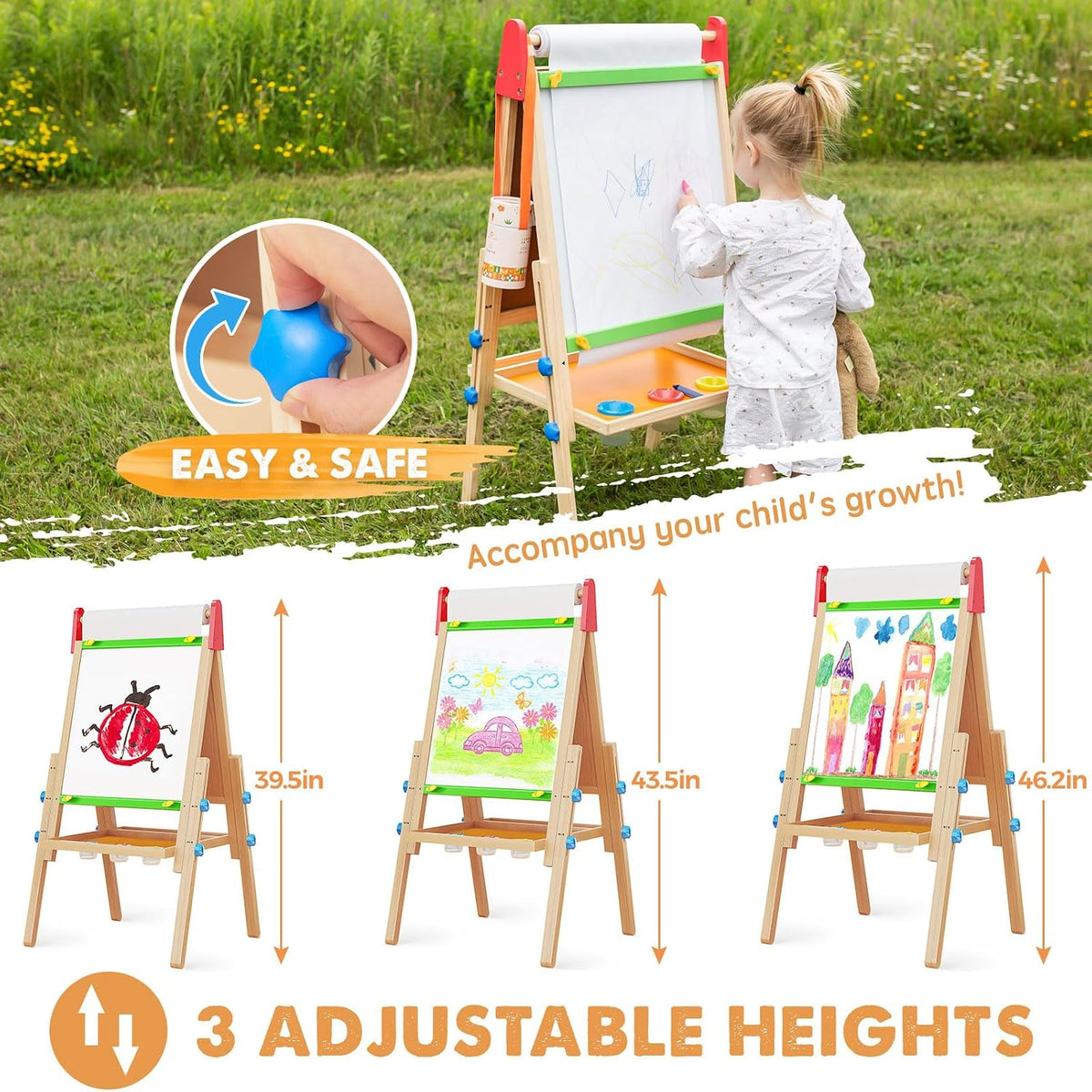 Tiny Land Caballete de madera para niños, caballete de arte con pizarra y