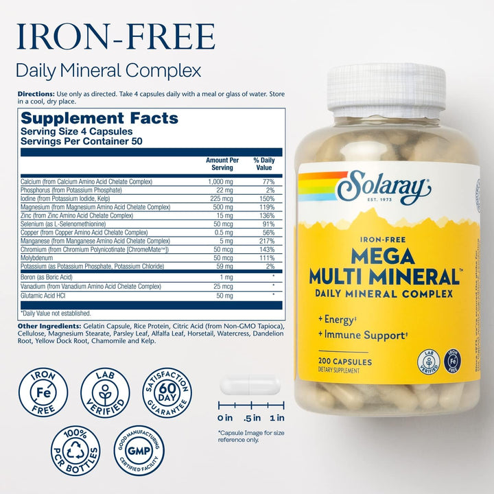 SOLARAY Mega Multi Mineral, sin hierro, suplemento mineral diario c...