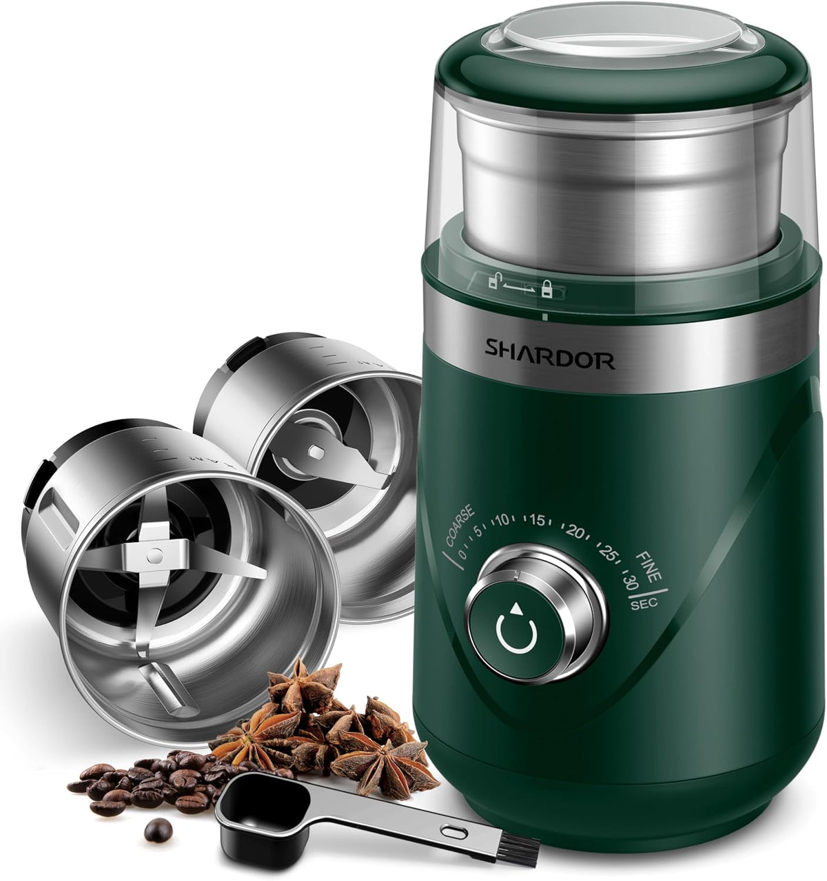 SHARDOR Molinillo de café eléctrico de hoja súper silenciosa, perilla giratoria de control de molienda temporizada, ajustable grueso a fino para granos de café, especias y hierbas, con 2 cuencos de