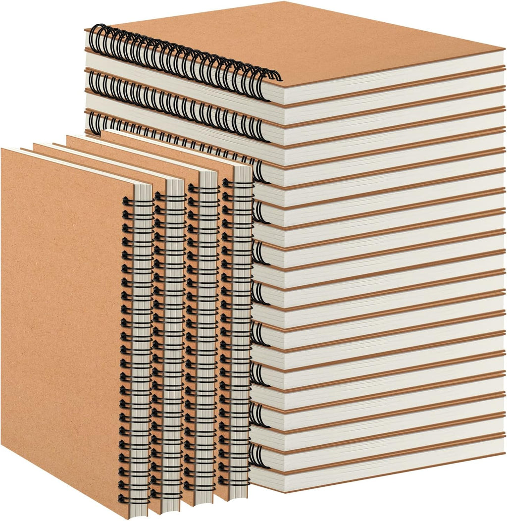 Paquete de 24 cuadernos espiral A5 con cubierta de papel kraft, 5x8 pulgadas, papel con líneas rayadas, para trabajo, bocetos, estudio, toma de notas, regalos, marrón (24 PIEZAS (con líneas))