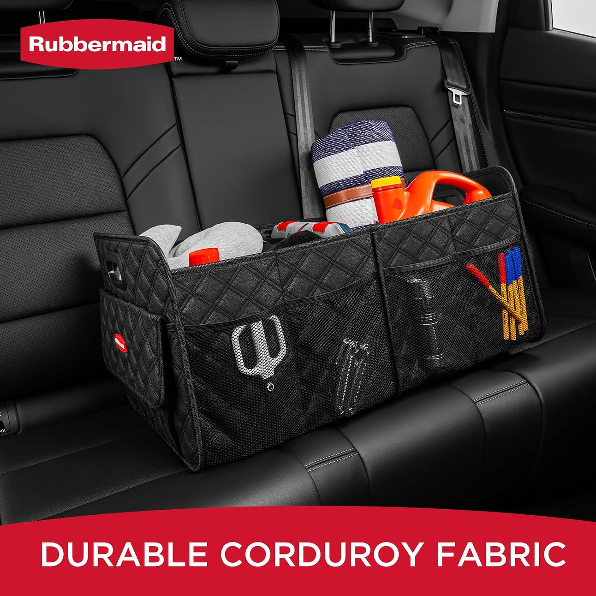 Rubbermaid Organizador de maletero para SUV, organizador plegable para automóvil con 2 compartimentos, contenedor de almacenamiento plegable para maletero, automóviles, SUV, camiones y sedanes, 24.01