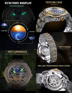 FORSINING Reloj retro para hombre, tallado, automático, mecánico, tatuaje, tourbillon, fase lunar, segundos independientes, esqueleto automático, esfera grande, relojes de pulsera