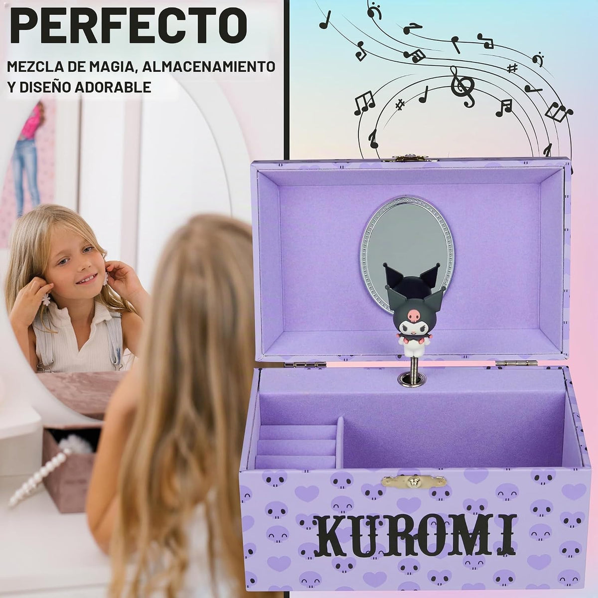 Get Trend Hello Kitty Sanrio Kuromi - Joyero musical para niñas, adolescentes y mujeres, caja de música kawaii, organizador de joyas, soporte para anillos, regalos para mujeres (púrpura Kuromi)