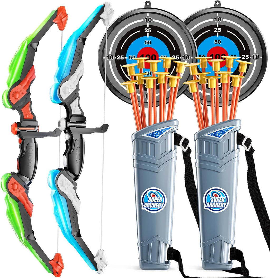 TEMI Juego de arco y flecha para niños, juego de juguetes de tiro con arco, luz LED con flechas de ventosa, objetivo y carcaj, juguetes de interior y exterior para niños y niñas