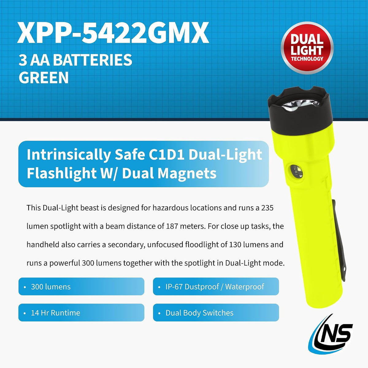 Nightstick XPP-5422GMX X-Series Linterna de doble luz intrínsecamente segura con imanes duales, verde/negro