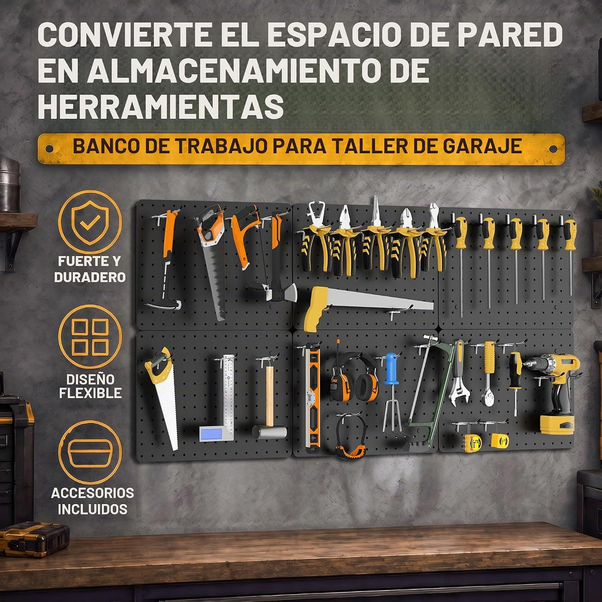 Organizador de pared de herramientas de tablero de clavijas de acero